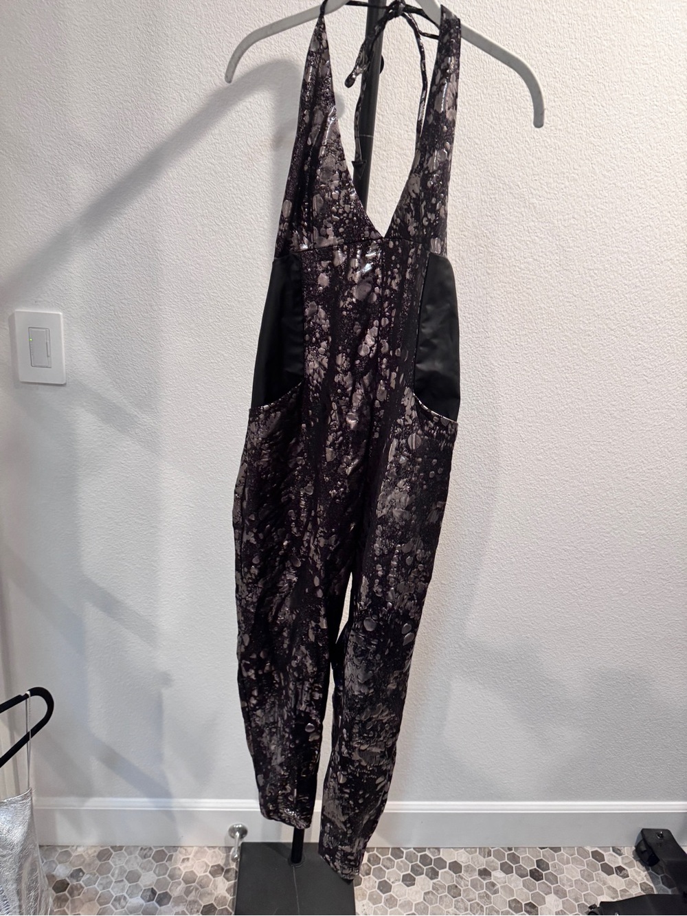 Halter Jumpsuit with Abstract Marble Print in Black and Gray